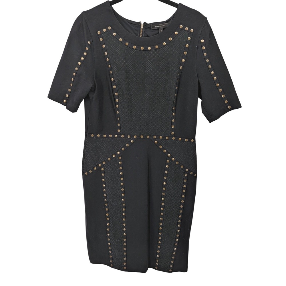 BCBGMAXAZRIA Dress Womens Medium Black Studded Textured Edgy Moto Goth Biker